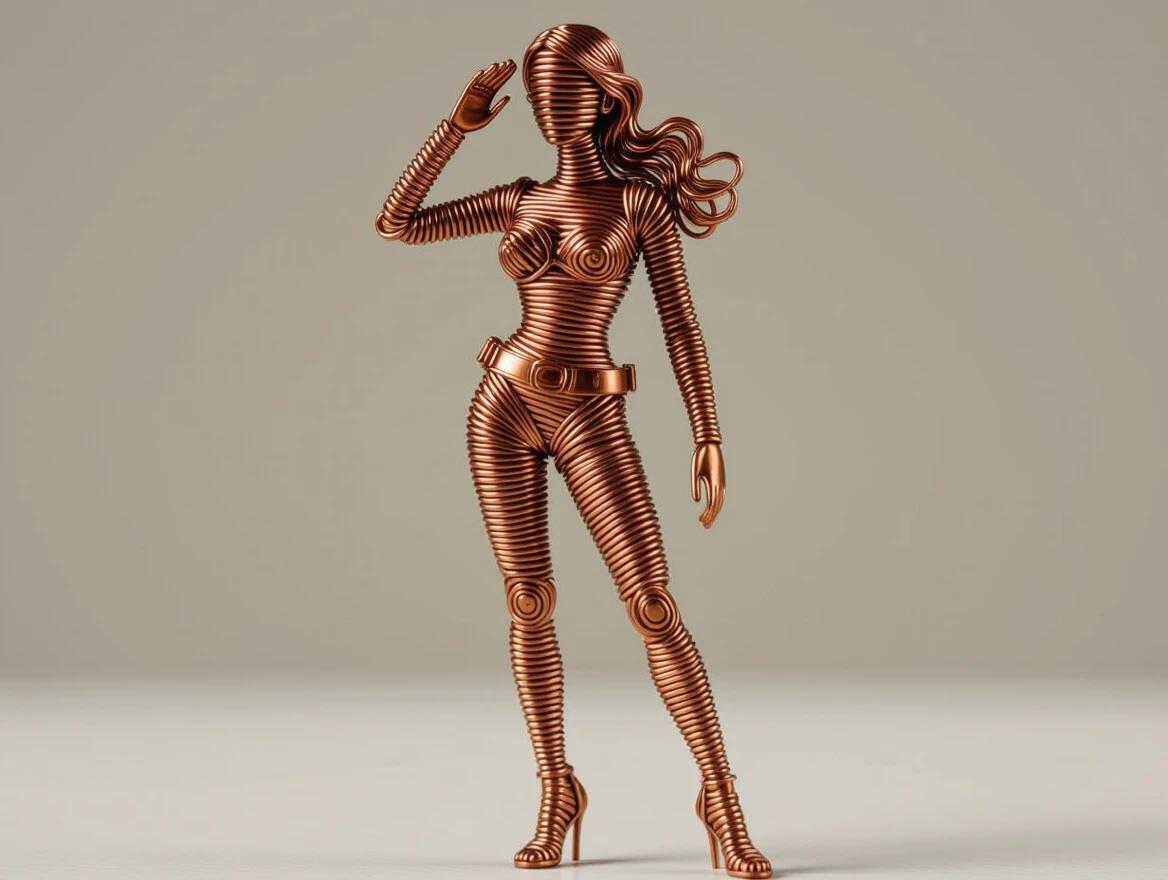 A miniature woman crafted from twisted copper wire. The figure stands in a classic military salute. Detailed high heels and a belt made of wire. Shows intricate loops and spirals. Charming handmade quality with visible joints.