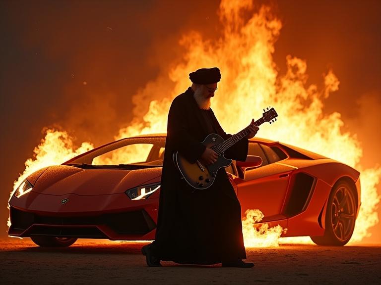 A man in a long black robe playing guitar in front of a burning Lamborghini on a sandy surface with flames surrounding the car. Dramatic colors and intense lighting create a striking image.