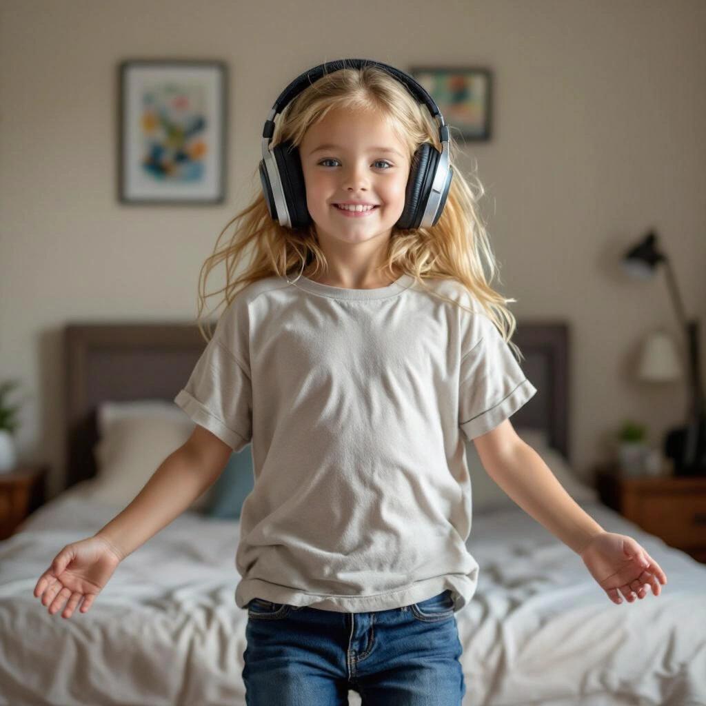 Blonde blue-eyed young girl in oversized t-shirt with large headphones. She is levitating midair in her bedroom. The background includes a bed and wall decor.