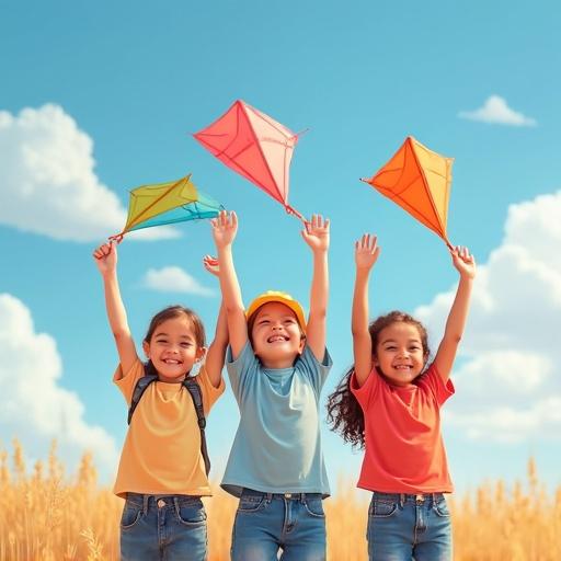 Three children smile and hold kites above their heads. The scene is bright and cheerful with a blue sky in the background. The children wear colorful shirts and their expressions show joy.