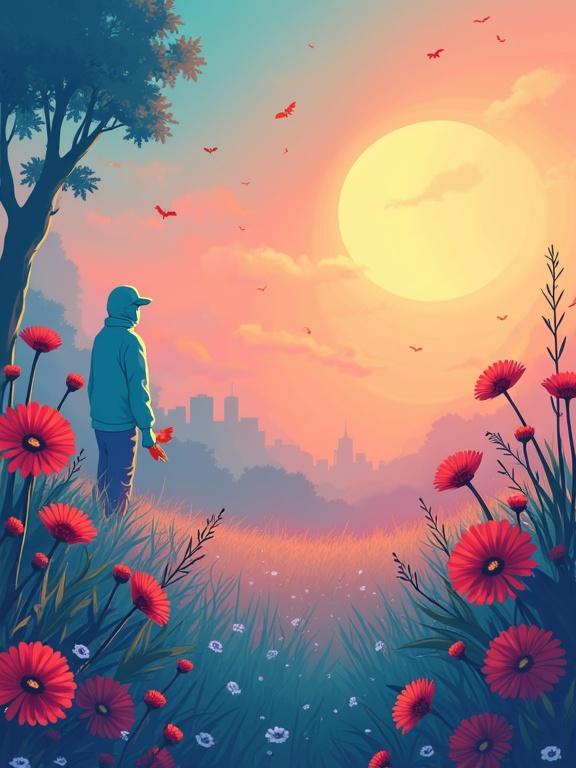A vibrant and colorful landscape with a person standing among flowers. The sun sets in the background creating a warm glow. This image is meant for educational purposes promoting health and well-being among primary school students. Show vibrant colors and a sense of hope.