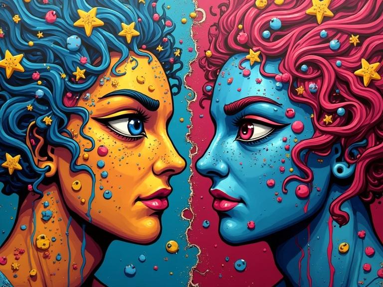 Art depicting two characters with vibrant, colorful hair. Character on the left has blue hair and yellow stars. Character on the right has pink hair with similar stars. The imagery reflects contrasting emotions and themes.