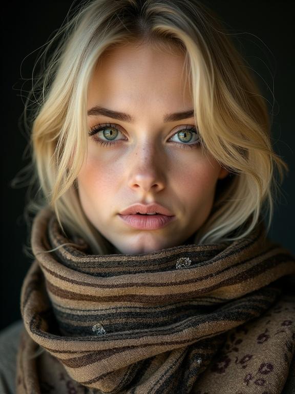 Photograph of a young woman with light blonde hair and green eyes centered in frame. Hair falls to left covering right eye. Serious expression with slightly parted lips. Subtle makeup with black eyeliner. Fair skin with smooth texture. Wearing a striped scarf shades of brown black beige around neck. Scarf partially covering lower face with textured pattern. Dark background emphasizes face and scarf focus. Well-defined eyebrows looking directly at camera. Soft lighting highlighting natural tones. Vintage feel close-up of face and upper chest area. No visible artifacts.