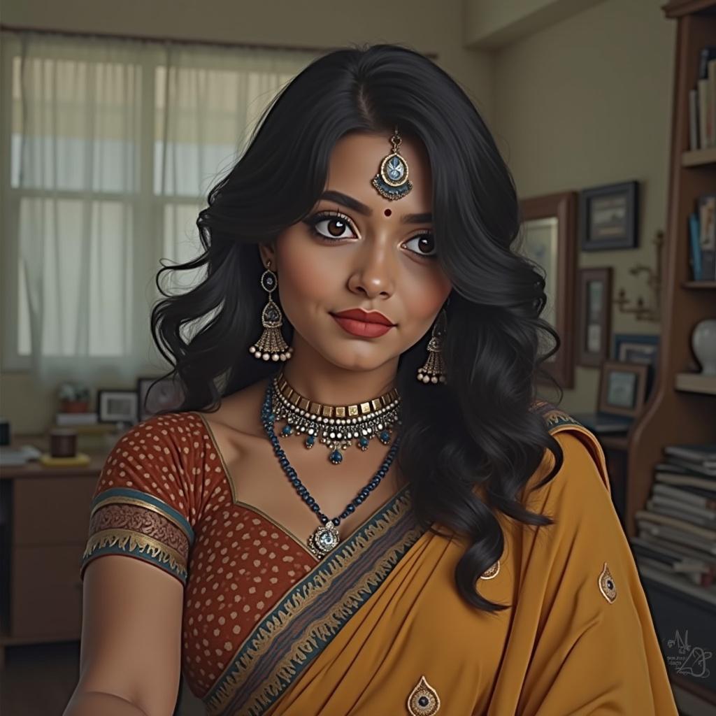 A woman in traditional Indian attire with jewelry. A warm indoor setting. The subject exudes elegance. A feeling of cultural pride with a touch of modernity.