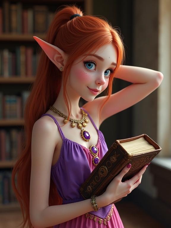 Photo realistic image of a cute teenage elf girl in a medieval library holding a large book and posing with a playful expression. She has long auburn hair in a ponytail, wears a sleeveless purple and pink dress with gold jewelry, and has vibrant blue eyes and freckles.