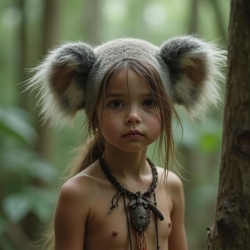 Realistic photo of young female with anthropomorphic features. Subject is mostly human with koala bear characteristics. She has a koala bear nose and fuzzy ears. Wearing tribal necklace. Setting in the forest. Captivating gaze from camera.