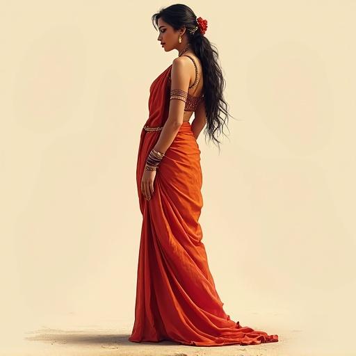 Character sheet showcasing an Indian woman wearing a traditional saree. The saree is vibrant red. The focus is on fashion and cultural representation. The woman has a slim waist and is styled elegantly.