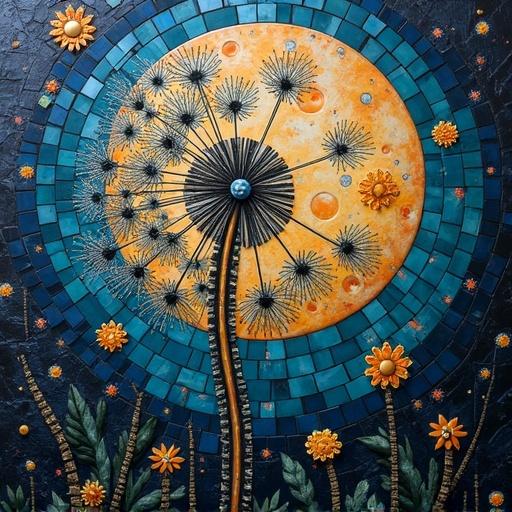 3D iridescent ceramic tile and glass mosaic with a dandelion design. Artwork features vibrant colors and textured elements.