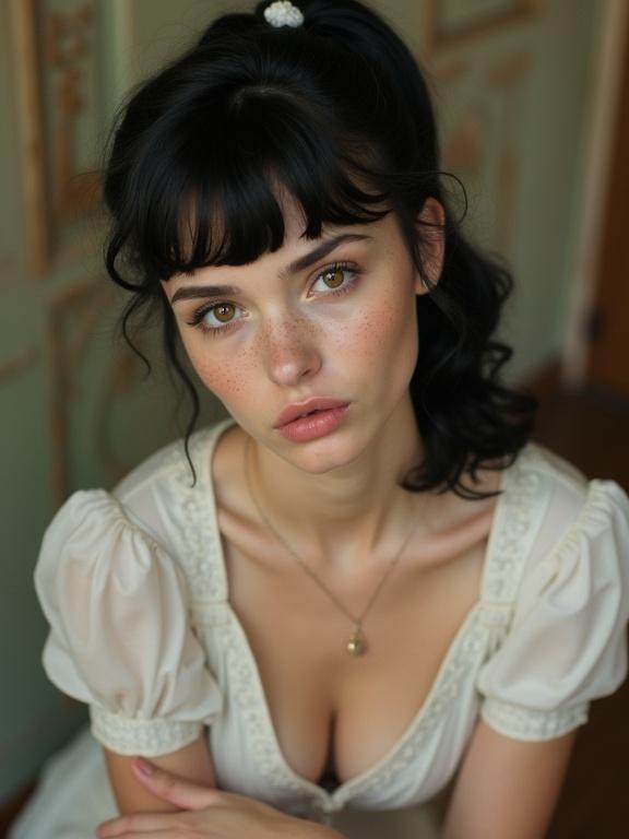 Portrait of a young woman with a black ponytail and freckles. She sits with her hands on her knees, wearing a white dress. Her expression is soft, looking directly at the camera with a pouting pose.