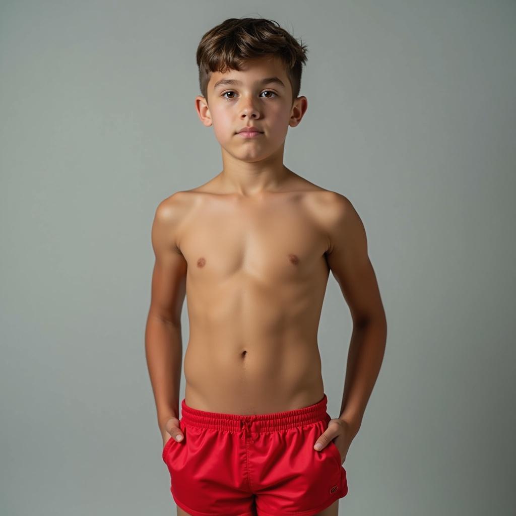 A young boy stands with a serious expression. He has a slim and toned body. He wears red speedos. The background is neutral. His hands are in his pockets.