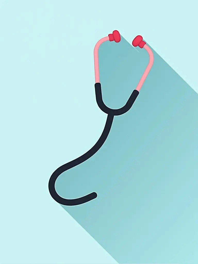 This image features a stylized stethoscope against a light blue background. The stethoscope has black tubing and red ear tips, creating a modern and minimalist look. The design is simple but effective, showcasing the essential tool of healthcare professionals. The flat perspective adds a contemporary touch to the illustration, making it suitable for various applications. The overall aesthetic is clean and appealing, perfect for medical-related content.