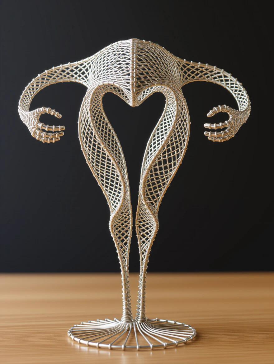 Intricate sculpture made of delicate wire forming the shape of a vulva. Showcases curves and artistic lines. A minimalist design on a wooden base against a dark background.