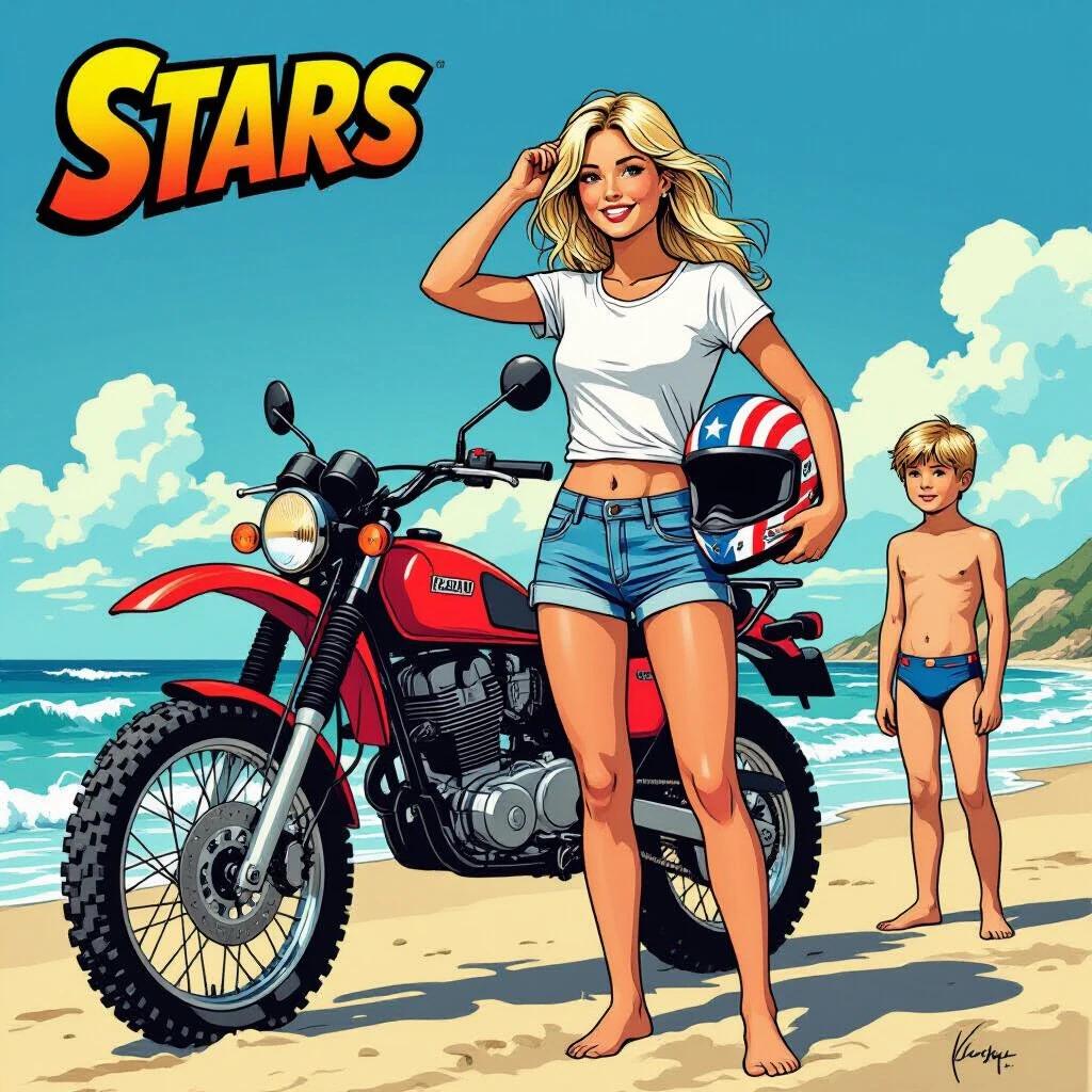 A realistic comic-style image features a young blonde girl. She stands on a beach beside an offroad motorcycle. One hand strokes her hair. The other hand holds a helmet with stars and stripes. A boy in blue swimming trunks stands in the background looking at the motorcycle.