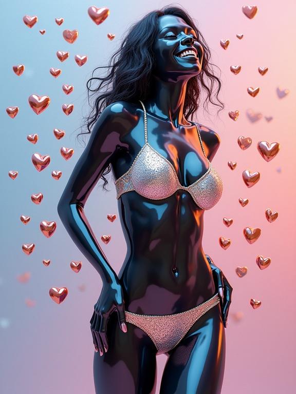 A metallic woman stands with a big smile. She is surrounded by tiny hearts. Background features soft pastel colors. The artwork embodies joy and love.