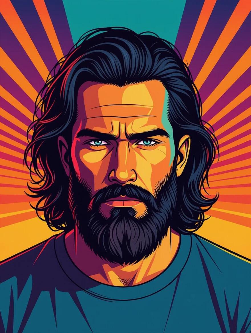 A bearded man has long wavy hair. Man looks directly at the viewer. Intense gaze and symmetrical face are prominent. Full beard and mustache are visible. Man wears a simple t-shirt. Portrait is centered. Pop-art neon style dominates. Bold outlines characterize the image. Vibrant colors enhance the visual appeal. Dramatic shadows and cyberpunk glow are evident. Vivid oranges, purples, and teal highlights add depth. Graphic poster art is featured. By Greg Rutkowski and Katsuhiro Otomo.
