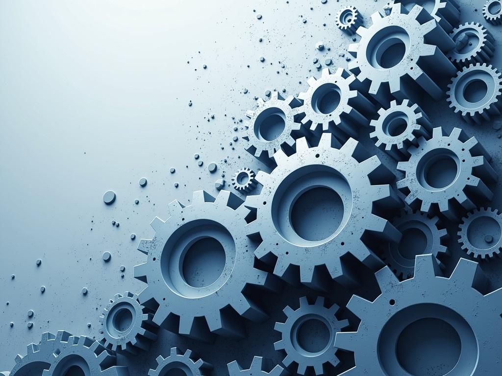 Create an industrial technology business background that features various gears. The design should include a mix of large and small gears in shades of gray and blue. Incorporate a sleek, futuristic look with smooth gradients and abstract elements. The gears should be arranged in a dynamic way, suggesting movement and innovation. Add subtle textures to give depth to the background while maintaining a professional feel.