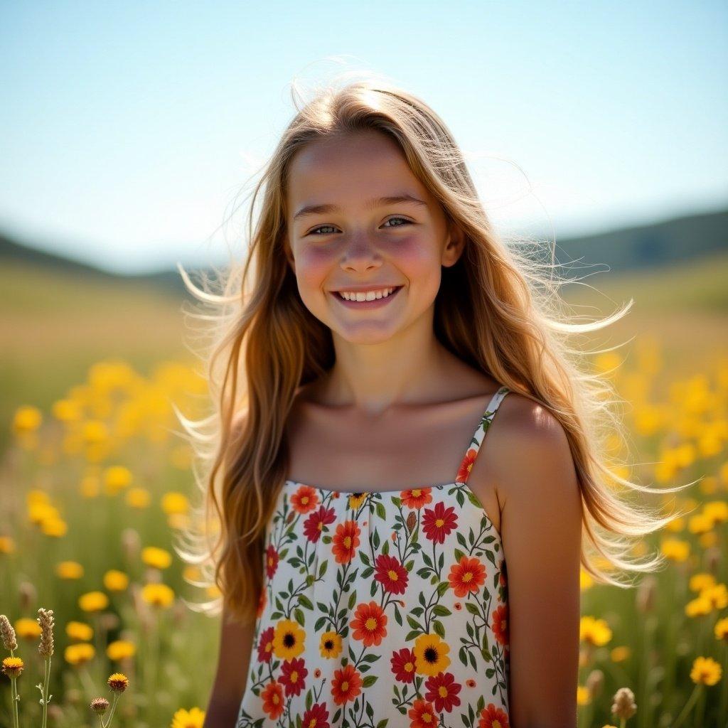 Girl standing in a flower field. She wears a summer floral dress. Long hair blowing in the breeze. Bright sunlight surrounding her.