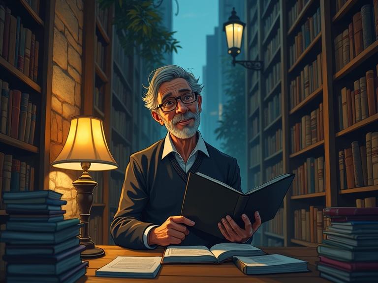 Cartoonish scene in a library. An older man is seated at a desk. He reads from a notebook. The library is filled with books. There is warm light from a lamp. Shadows in the background give depth.
