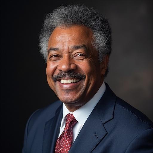 A smiling man wearing a dark suit and a red tie. He has gray hair and is in a professional setting. The background is dark, focusing on the man's cheerful expression.