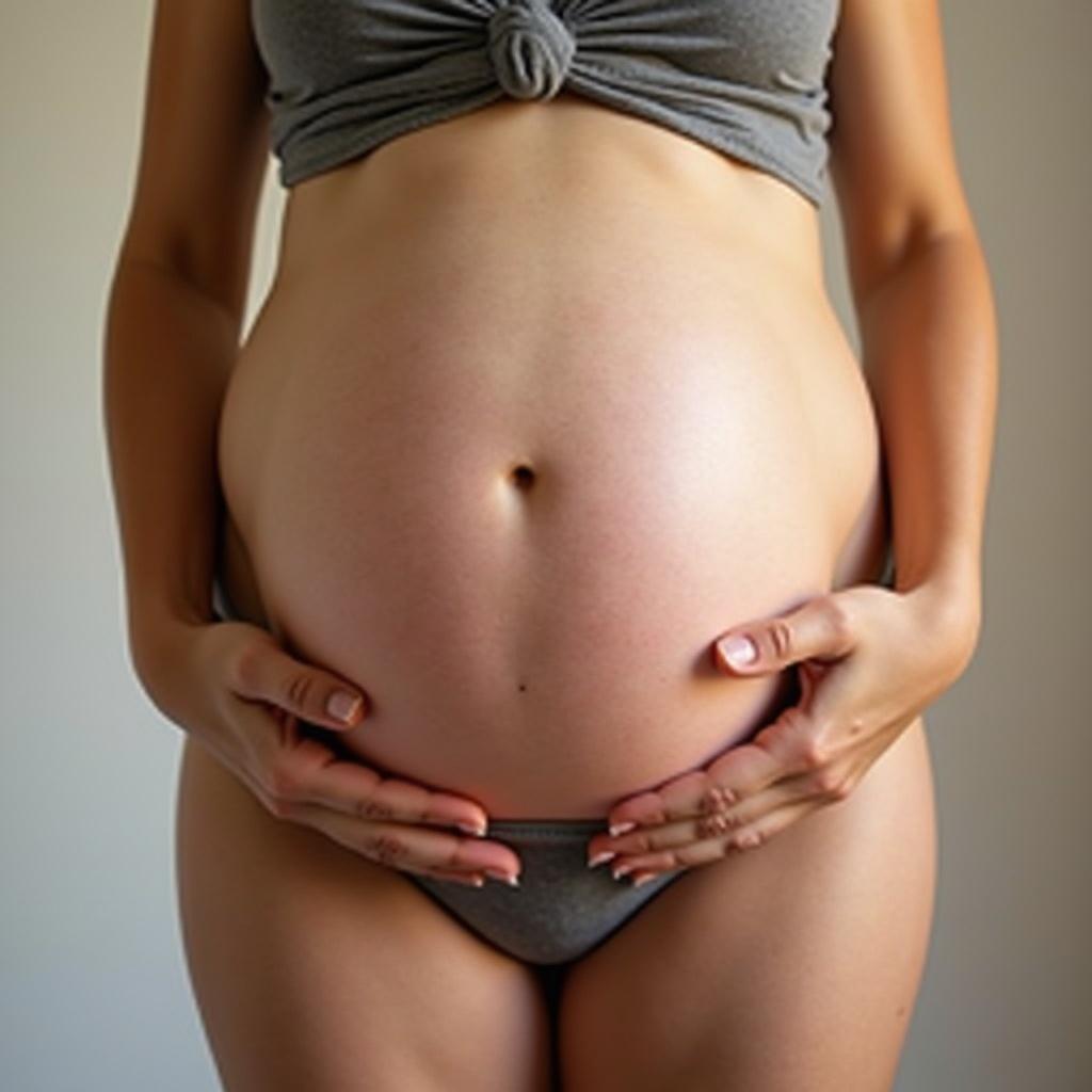 Female body exhibiting a large pregnant belly. Belly is the focal point. Emphasis on softness and warmth. Body is partially shown. Highlighting pregnancy.