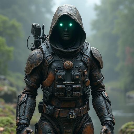 Cyborg survivor in a post-apocalyptic setting. Detailed and high-resolution image. Character wears futuristic equipment. Dark and muted colors with glowing eyes in a natural environment.
