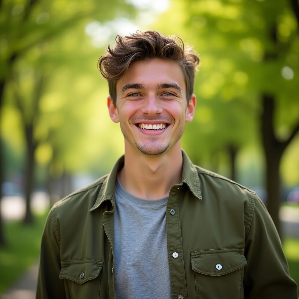 Image of a 20-year-old man smiling in the park. He wears a grey t-shirt and olive green jacket. The background has lush green trees. The lighting is soft and natural. Evokes happiness and positivity.