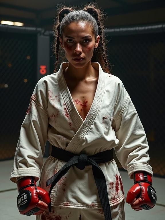 Full body image of an athletic woman in a karate gi covered with blood. She has a cornrows hairstyle and heavy bruises on her face. She appears exhausted but focused, holding up bloody fists in an MMA arena.