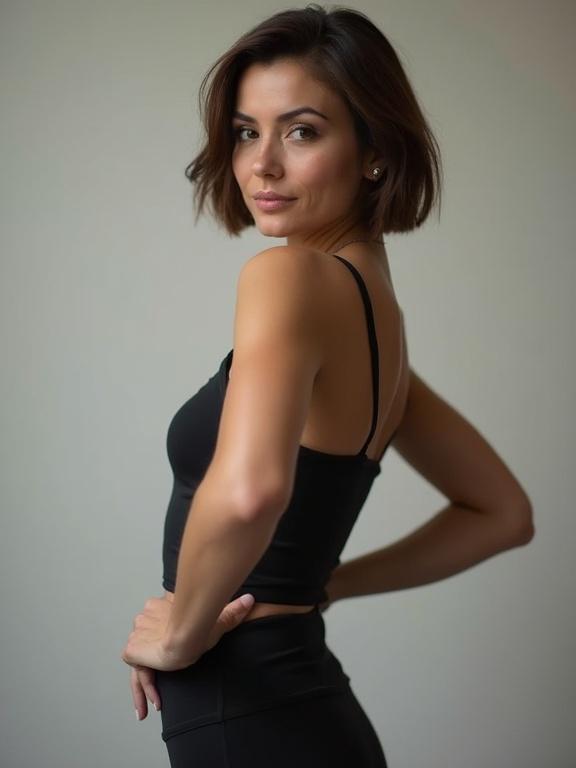 Woman in tank top and leggings looking at viewer. Short bob haircut and confident facial expression. Hands positioned on hips. Side view with a seductive pose.