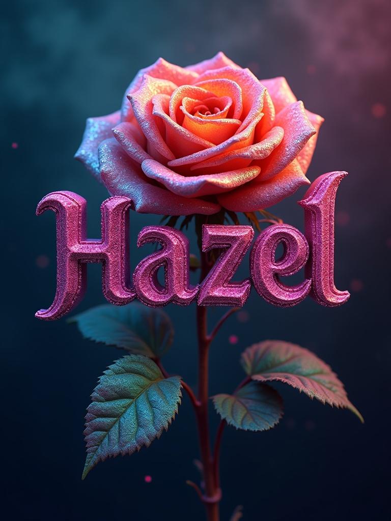 Name Hazel in bold font. 3D elegant rose covered in rainbow glitter. Bright colors. Ultra high resolution. Smoky background with rainbow colors. Steampunk style. Intricate details. Vibrant colors.