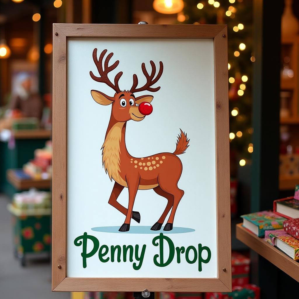 The image features a Christmas stall sign showcasing a cheerful cartoon reindeer named Rudolph, known for his shiny red nose. The sign is crafted with a wooden frame and displays the playful title 'Penny Drop' below the character. The background suggests a festive market atmosphere, enhanced by warm lighting and colorful decorations. Rudolph is depicted with antlers and a friendly expression, making the sign inviting for holiday shoppers. This playful illustration is perfect for capturing the holiday spirit and attracting visitors to a Christmas stall.