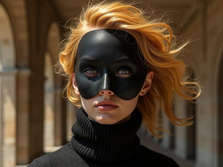 Model with a matte black mask and gold hair stands against an architectural backdrop. The image captures a sense of mystery with brown and gold hues prevalent throughout.