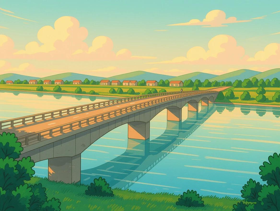 A scenic landscape depicts a long bridge across a river. Surrounding hills and houses create a peaceful atmosphere. The style mimics that of CoMix Wave Films. The colors are vibrant and warm showcasing a sunset.