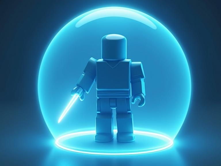 Thumbnail for a Roblox ARPG game. Roblox man is surrounded by a light blue transparent defense sphere. Character holds a glowing katana. Highlight bright blue colors for visual appeal.