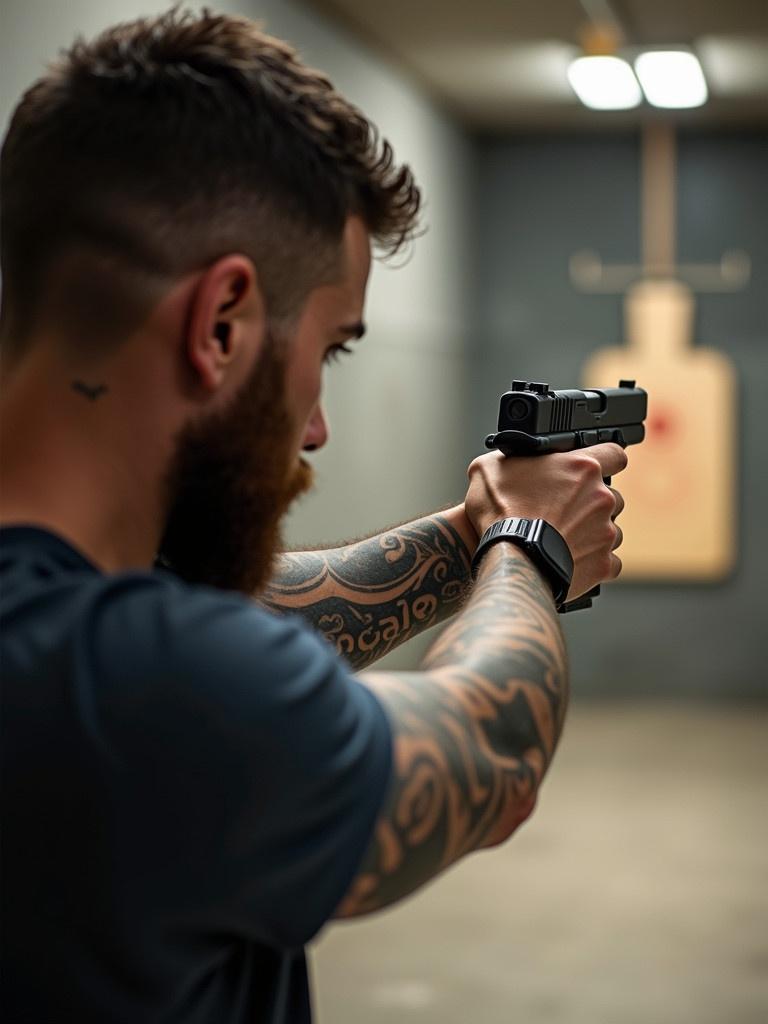 This image features a man holding a Glock 19, aiming down range at a shooting target in an indoor shooting range. The man has a focused expression, with a neatly groomed beard and tattoos adorning his arms. The setting is dimly lit, highlighting both the shooter and the target. The silhouette of the target is slightly illuminated in the background, enhancing the sense of action. This scene captures a moment of concentration and precision in firearm handling.