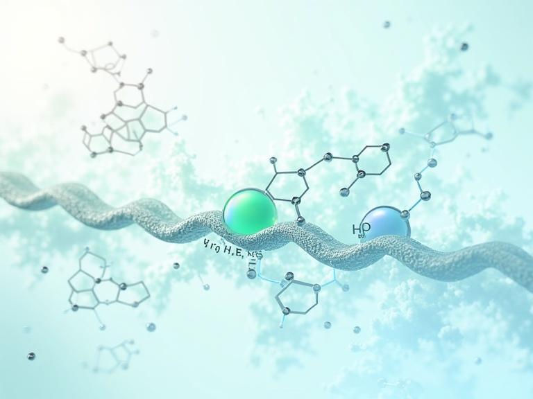 Futuristic scientific illustration of high-performance n-type organic semiconductors. Two molecular structures of cyano-functionalized quinoxaline-based building blocks. Polymer chain with diketopyrrolopyrrole units. Visualize electron flow along polymer backbone. Crystalline film morphology with ordered and disordered domains. Diffusion of dopant molecules. High electrical conductivity and rapid electron transport. Soft blue and green tones, modern clean style.