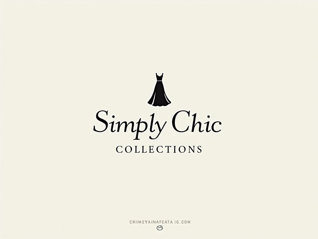 The image features a minimalist logo design for 'Simply Chic Collections'. It incorporates clean lines with a stylish, elegant font. Above the name, there is a silhouette of a dress, representing sophistication and elegance. The color palette includes classic black and gold against a soft, light background. The contrast between serif and sans-serif fonts adds a unique touch to the logo. It is designed to convey a chic aesthetic, perfect for a fashion-related brand.