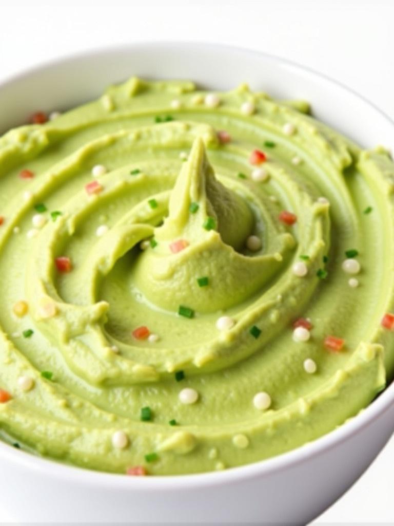 Ultra-realistic image of creamy dip made from avocados with textures clearly visible. Dip has vibrant green color with colorful garnishes like diced tomatoes and herbs on top. Presented in a small white bowl against a plain white background.