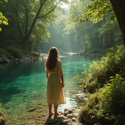 A clear river flows gently through a forest filled with trees. It is a sunny day. In the foreground stands a teenage girl dressed in clothing from a long-ago era. She gazes at the river with the light coming down through the leaves.