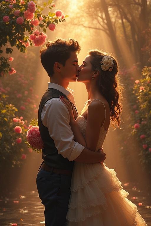 A couple kissing under a canopy of flowers. Sunlight streams through the trees creating a magical atmosphere. The couple shows joy and intimacy in a serene setting. Wedding-like attire enhances the romantic scene.