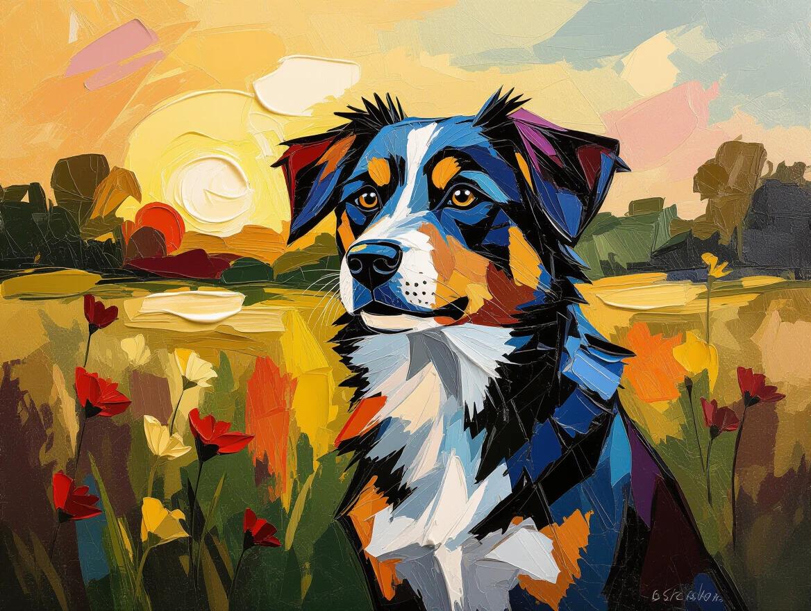 Encaustic impasto painting of a dog in a colorful morning landscape. Thick brushstrokes create three-dimensional texture.