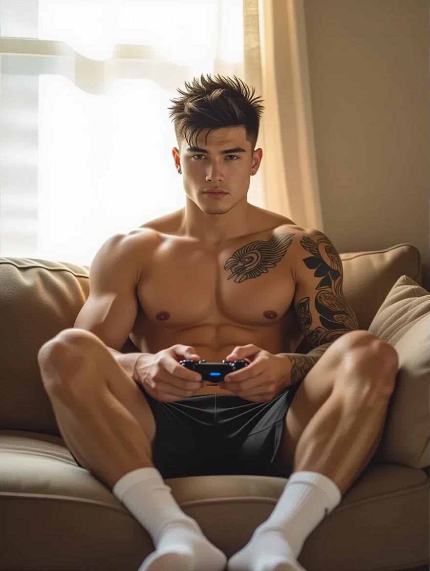 A man sits on a sofa. He has short black hair and a serious expression. Sunlight comes through the window. He wears gym shorts and white socks. Tattoos decorate his arm and chest. His abs are well-defined. He focuses on playing video games. The soft lighting enhances his physique.
