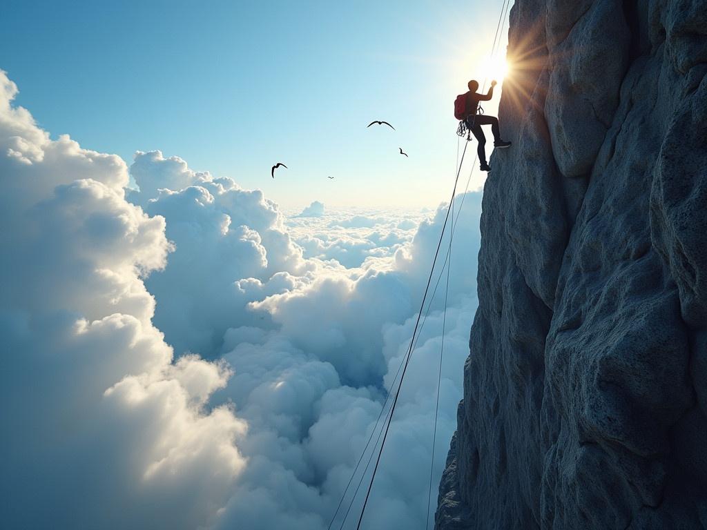 The image depicts a climber's perspective of gripping a thick rope while climbing up a steep cliff. The climber's left hand is positioned below the right hand, emphasizing their effort to ascend. Above, the cliff is illuminated by a bright light, suggesting sunlight breaking through the clouds. Birds can be seen flying in the clear blue sky, adding to the beauty of the scene. The dramatic clouds surrounding the area create a challenging atmosphere, making the climb feel intense yet invigorating.