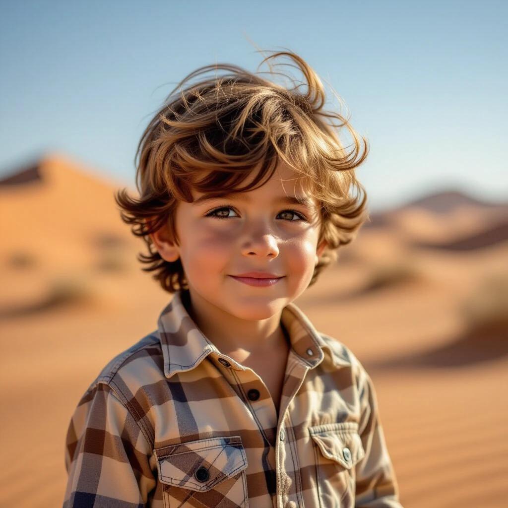 A little boy stands in a sandy desert. He looks playful. Soft wind blows through his hair. The warm sunlight highlights his surroundings. Desert dunes rise in the background. The mood is cheerful and carefree.