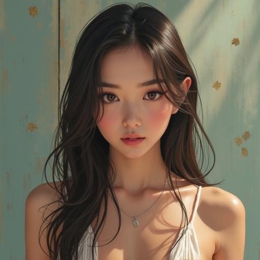 A tall Japanese woman wearing a bikini. Her long straight hair flows down her shoulders. The image captures her upper body in a natural and elegant pose. The setting suggests a beach or summer environment.