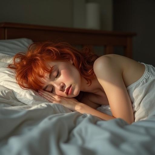 Red-haired young woman sleeps peacefully in bed. Natural light falls softly over her, creating a tranquil atmosphere.