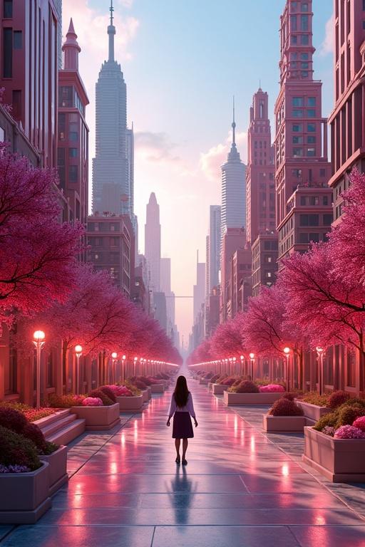 A stunning cityscape constructed from makeup items. Lipstick skyscrapers, mascara bridges, compact powder plazas, eyeshadow palette rooftops. Vivid and colorful, with beautiful aesthetics. A central plaza is empty, surrounded by makeup architecture. Daylight setting, with reflective surfaces and cinematic lighting.