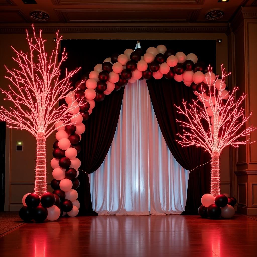 This image showcases an elegant event backdrop featuring dramatic elements. There are two large, glowing red LED trees on either side of a balloon arch. The arch is composed of contrasting black and white balloons, creating a striking focal point. Behind the arch, black and white drapes flow gracefully, enhancing the sophisticated look. The overall setup is designed for an upscale event ambiance, perfect for weddings or parties.