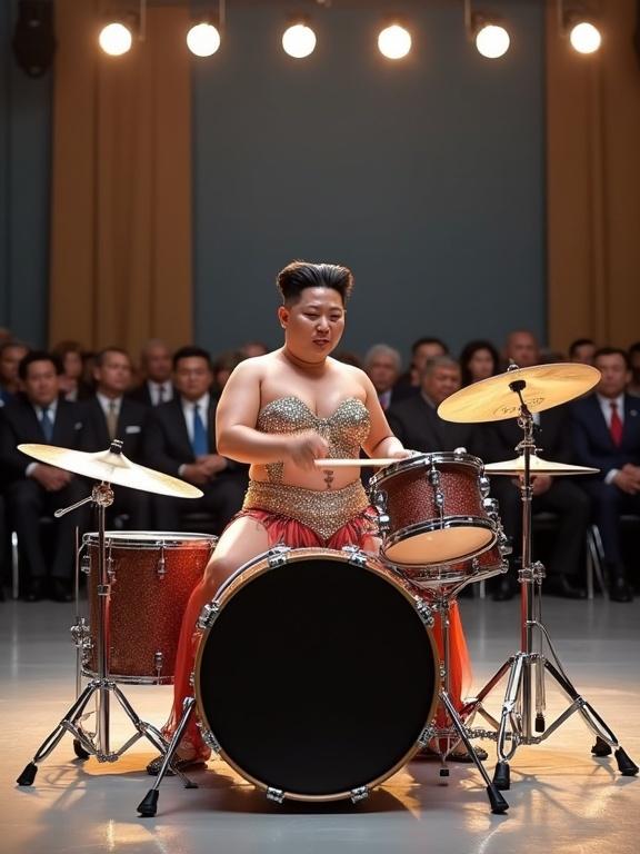 Highly realistic modern indoor event hall with polished flooring and LED stage lights. In the center, North Korean leader passionately plays drums. Wearing flashy modern belly dancer costume with sequins and flowing details, maintaining signature hairstyle. Intense expression while striking drums mid-performance. Audience of U.S. Senators in formal suits watch in silence. Photorealistic quality with cinematic lighting.