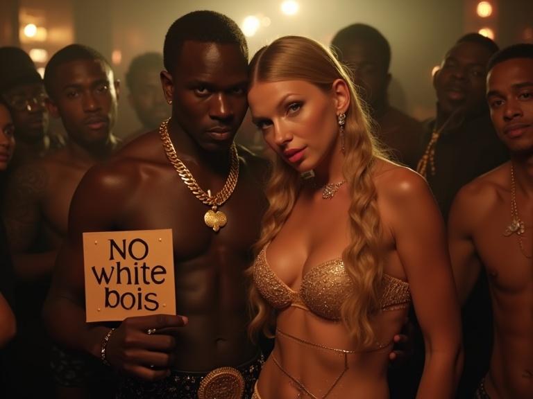 Nightclub scene featuring a couple. Woman has long blonde twintails and big blue eyes. Wearing a gold pushup bikini and high heels. Holding sign stating 'no white bois'. Older black rapper with her, close together. Other men in the background. Full body shot, zoomed out. Intense atmosphere with a crowd.