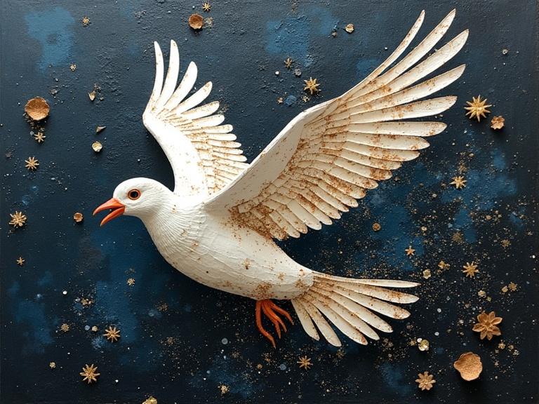 A 3D representation of a bird in flight with mixed media elements. Texture play involved various materials like newspaper, jute fibres, and wood. The piece has scratches and drops enhancing its depth. Dark colors create an evocative atmosphere. The artwork reflects a stunning multilayered design.